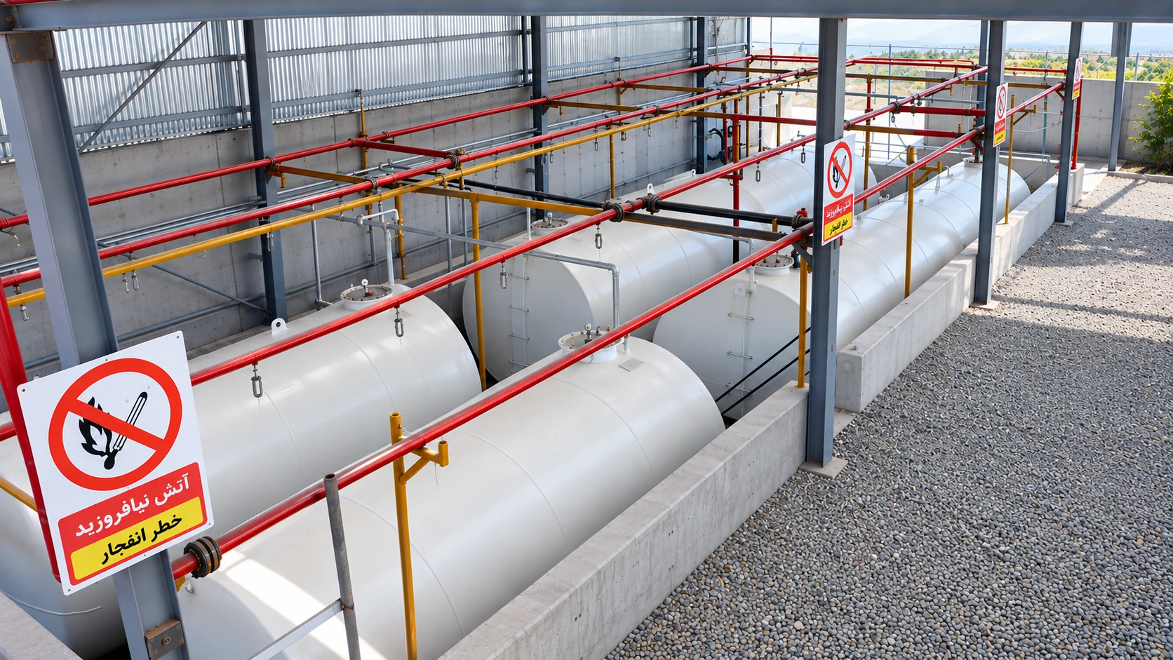 محوطه ایمن مخازن LPG همراه با علائم هشدار