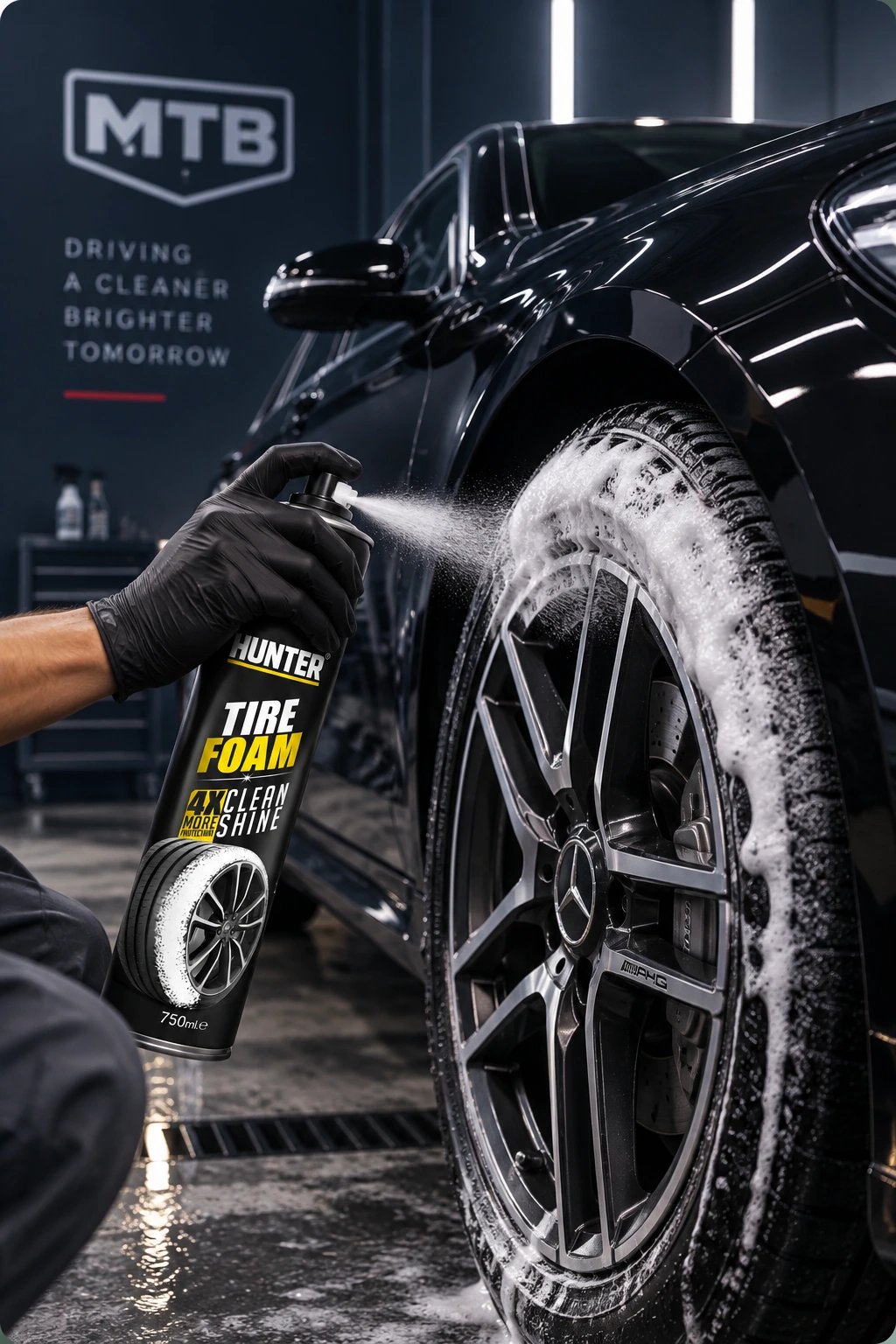 HUNTER tire foam sprayed onto a Mercedes-Benz wheel during professional vehicle detailing