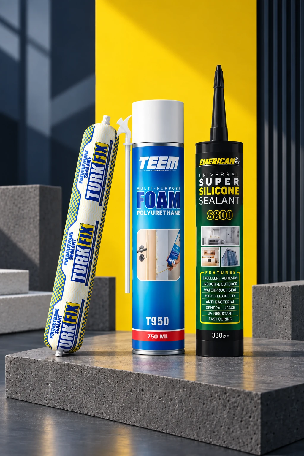 TURK FIX, TEEM and EMERICAN polyurethane foam and sealant products in an industrial setting