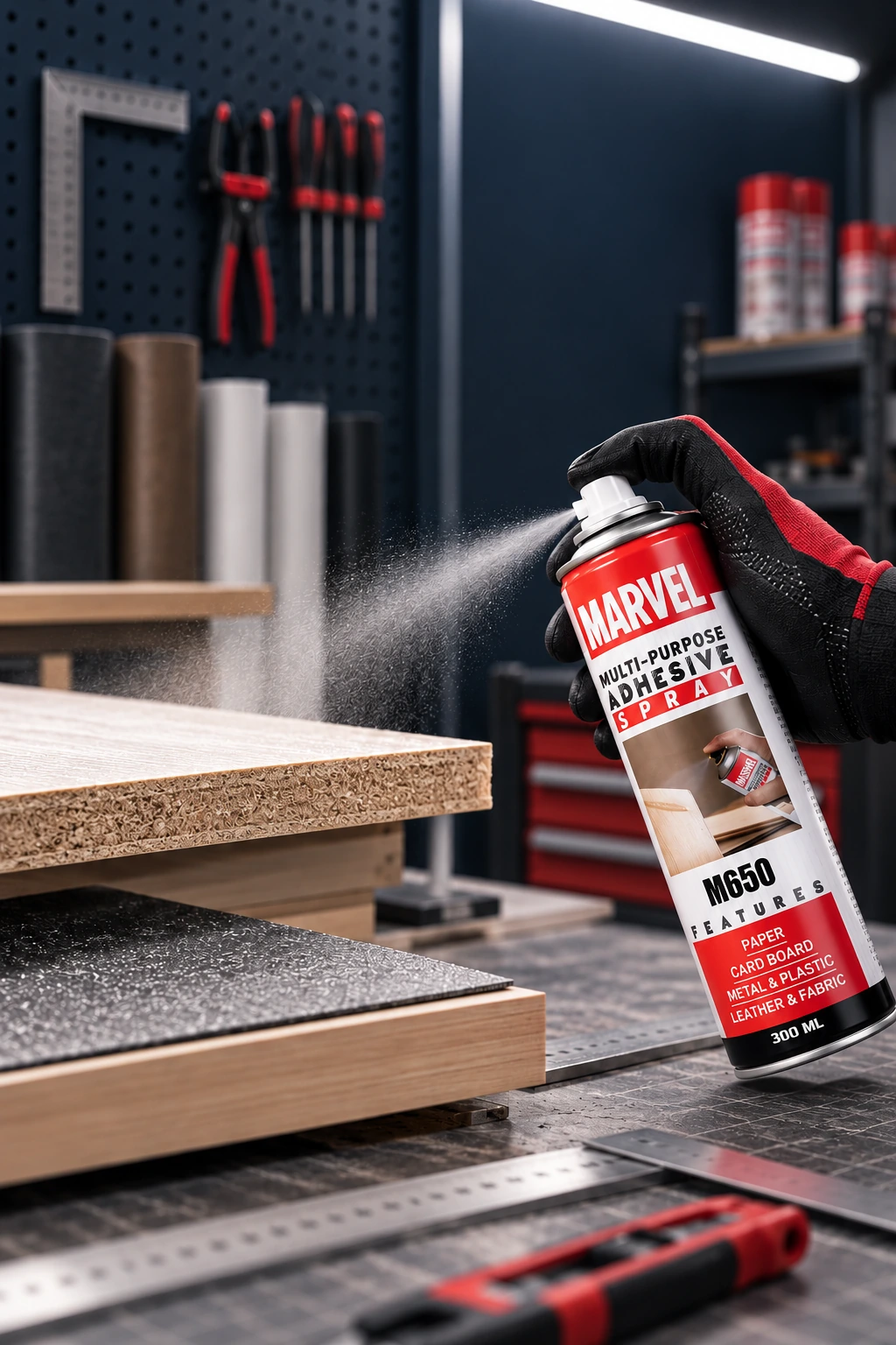 MARVEL M650 multi-purpose adhesive aerosol spray applied to a wood panel in a workshop